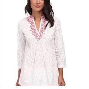Lily Pulitzer White and pink embroidered v neck tunic top/ blouse white S - Crew